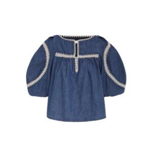 Zimmermann Chintz Denim Smock Top Shirt Blouse Womens 3 Large Blue Split Neck